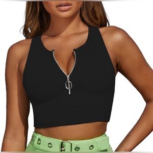 Women's Slim Fit Sleeveless Tank Ribbed Knit Basic Zipper Sexy Crop Top